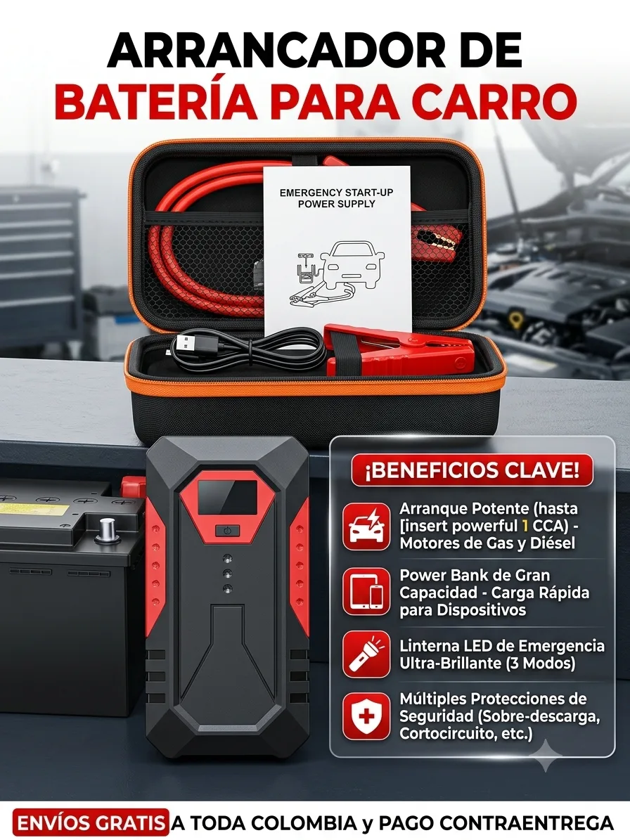 Arrancador de Batería Portátil para Carro | Power Bank y Linterna LED